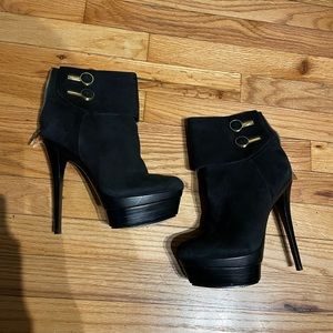 ✈️Rachel Zoe Suede Vintage y2k Leather Gold button Heel Platform Designer Luxury